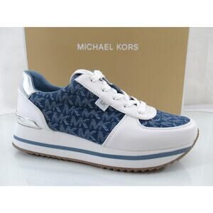 Michael Kors Monique Trainer Lace Up Sneakers MK Signature Blue Denim Size 9